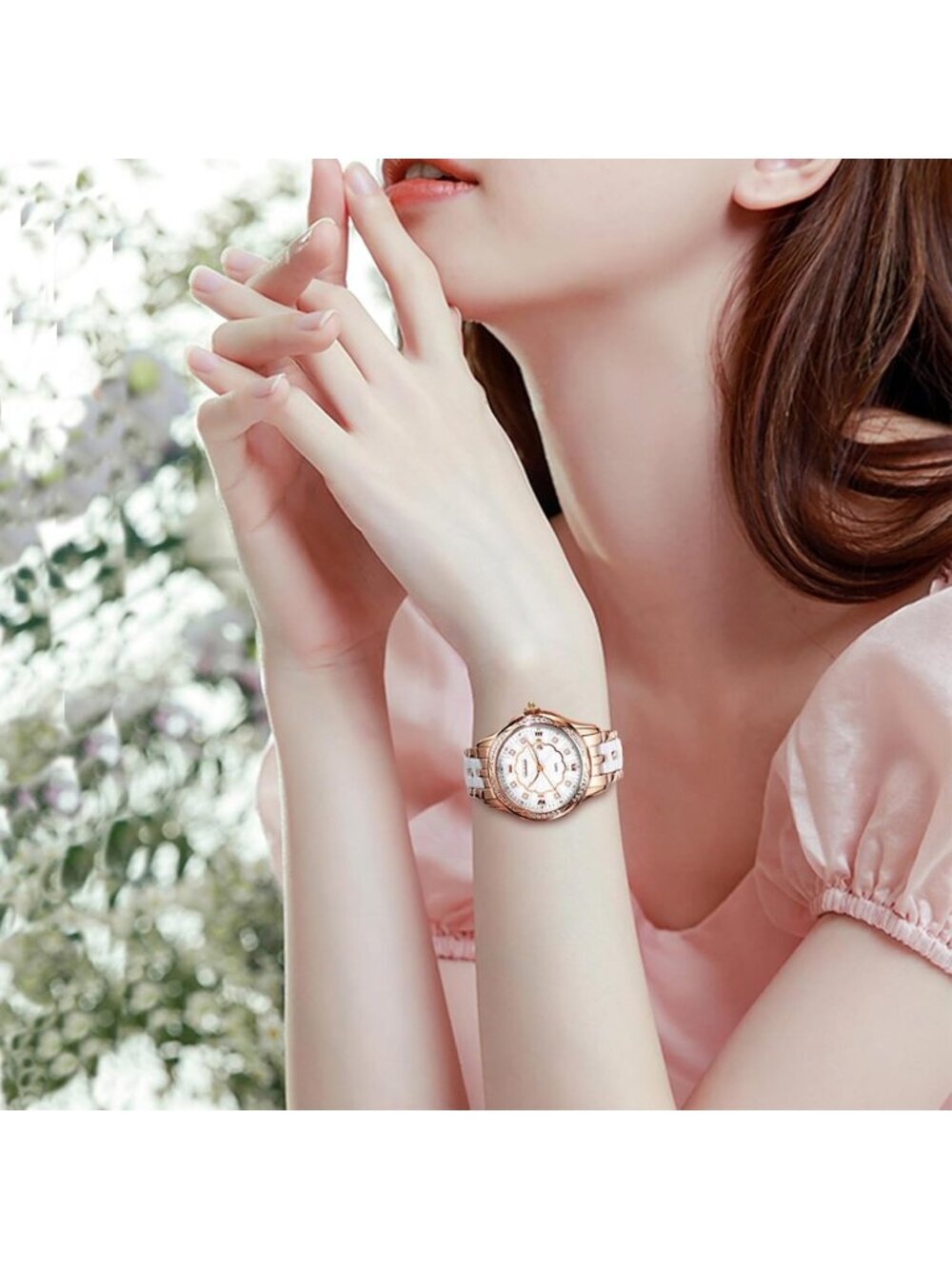 Womens Rose Gold Analog Quartz Ceramic Reloj Mujer Shinning Diamond Luxury Watch - Picture 3 of 7